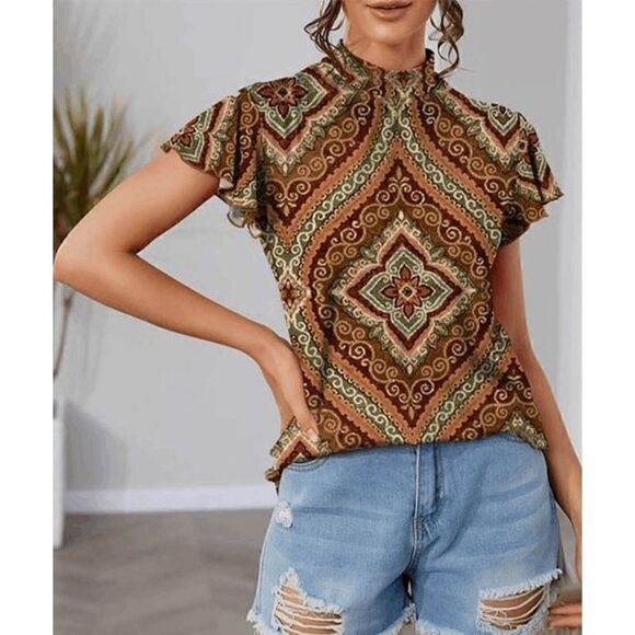 Women's Brown & Green Floral Mock Neck Flutter-Sleeve Top 1928-D3 - Picture 1 of 6